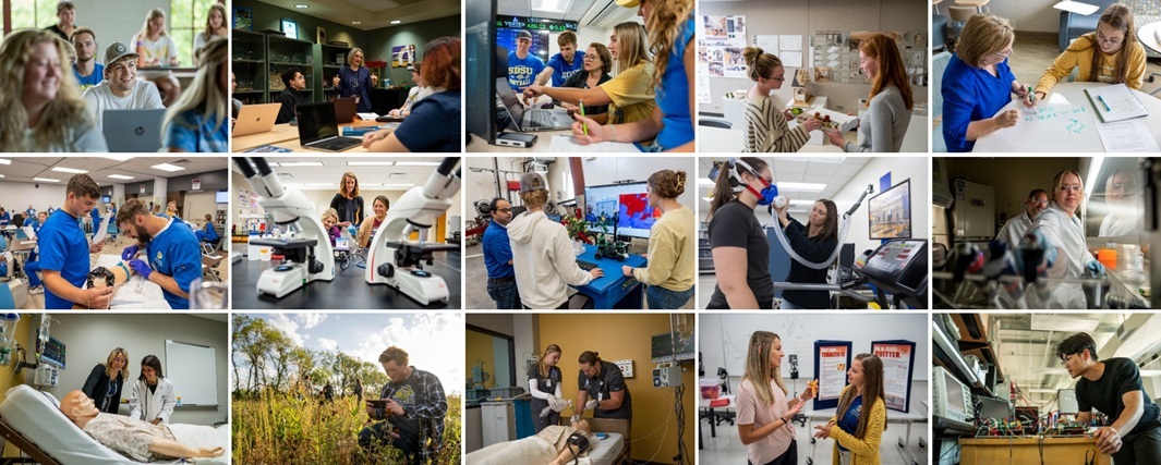 Collage of students in different classroom settings.